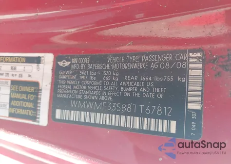 2008 Mini Cooper from USA, damaged, VIN WMWMF33588TT67812